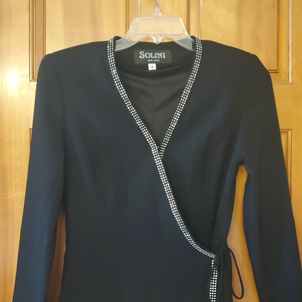 Solini Womans Vintage Black Tie Wrap Blazer Top With‎ Crystal Rhinestones Size 4